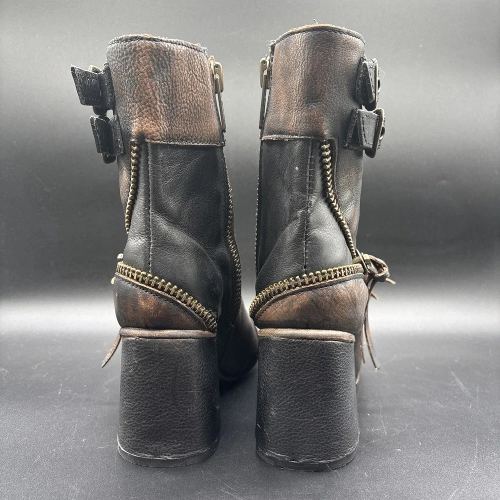 Freebird Zombi Leather Ankle Bootie Women's 8 Brown Zip Buckle Fringe Round Toe